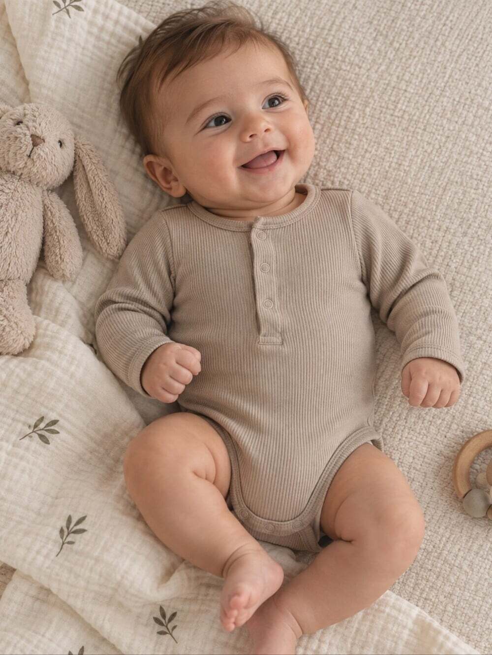Mebie Baby Organic Cotton Ribbed Henley Bodysuit Beige 0-3M Neutral
